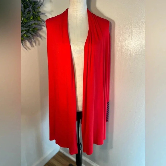 Cupio, 3X, red, open long sleeve cardigan, w/blue striped cuff, exposed rear zip - Picture 1 of 9